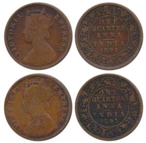 Victoria Empress, Copper ¼ Anna (2), 1894 and 1895, Calcutta Mint, (Prid 627 & 628). Fine+