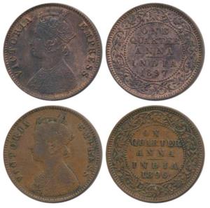 Victoria Empress, Copper ¼ Anna (2), 1896 and 1897, Calcutta Mint, (Prid 629 & 630). Very 