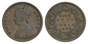 Victoria Queen, Copper ½ Anna, 1876, Calcutta Mint, Bust B, 4 panels to the jabot with tin