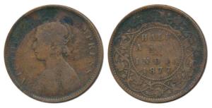 Victoria Empress, Copper ½ Anna, 1877, Calcutta Mint, Bust C, 4 3/4 panels to the jabot wi