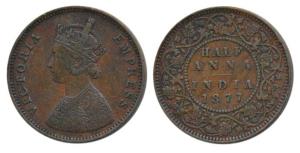 Victoria Empress, Copper ½ Anna, 1877, Bombay Mint, Bust B, 4 panels to the jabot with tin