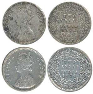 Victoria Queen, Silver 2 Annas, 1874 (2), Calcutta Mint and Bombay Mint, A / I / No mint m