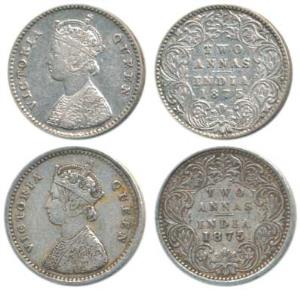 Victoria Queen, Silver 2 Annas, 1875, Calcutta Mint and Bombay Mint, A / I / No mint mark,