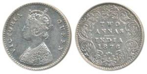 Victoria Queen, Silver 2 Annas, 1876, Calcutta Mint, A / I / No mint mark, (Prid 490). Ver