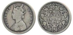 Victoria Queen, Silver 2 Annas, 1876, Bombay Mint, A / I / No mint mark, (Prid 518). Fine+
