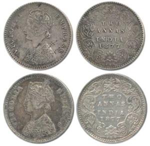 Victoria Empress, Silver 2 Annas, 1877 (2), Calcutta Mint, A / I / No mint mark; Bombay Mi
