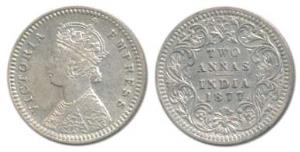 Victoria Empress, Silver 2 Annas, 1877, Bombay Mint, B / II / dot in top flower, Unlisted 