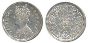 Victoria Empress, Silver 2 Annas, 1878, Calcutta Mint, B / II / No mint mark, (Prid 493). 