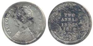 Victoria Empress, Silver 2 Annas, 1879, Calcutta Mint, B / II / C incuse, (Prid 494). Very