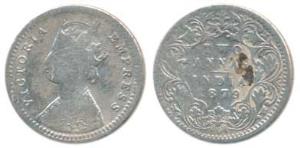 Victoria Empress, Silver 2 Annas, 1879, Bombay Mint, B / I / dot, Unlisted in Pridmore, (S