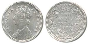 Victoria Empress, Silver 2 Annas, 1880, Calcutta Mint, B / II / C incuse, (Prid 495). Very