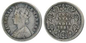 Victoria Empress, Silver 2 Annas, 1881, Calcutta Mint, B / II / C incuse, (Prid 496). Very