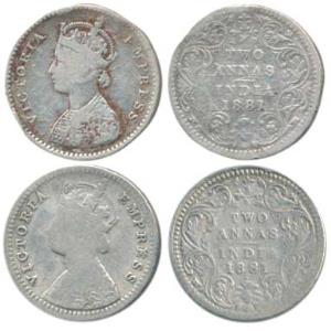 Victoria Empress, Silver 2 Annas, 1881 (2), Bombay Mint, A / II / dot; B / II / dot, (Prid
