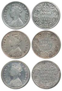 Victoria Empress, Silver 2 Annas, 1882 (3), Calcutta Mint, B / II / C incuse; Bombay Mint,