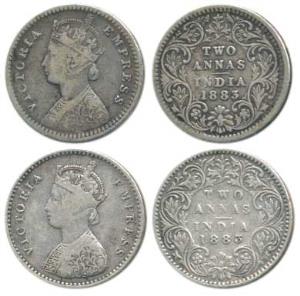 Victoria Empress, Silver 2 Annas, 1883 (2), Calcutta Mint, B / II / C incuse; Bombay Mint,