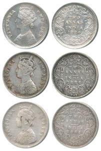 Victoria Empress, Silver 2 Annas, 1884 (3), Calcutta Mint, B / II / C incuse; Bombay Mint,