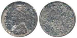Victoria Empress, Silver 2 Annas, 1884, Bombay Mint, A / I / dot, (Prid 532). Fine, Very R