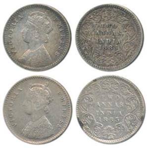 Victoria Empress, Silver 2 Annas, 1885 (2), Calcutta Mint, B / II / C incuse; Bombay Mint,