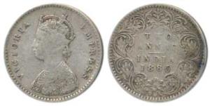 Victoria Empress, Silver 2 Annas, 1885, Bombay Mint, A / I / No mint mark, (Prid 536A). Ab