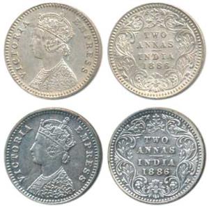 Victoria Empress, Silver 2 Annas, 1886, Calcutta Mint, B / II / C incuse; Bombay Mint, B /