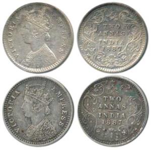 Victoria Empress, Silver 2 Annas, 1887 (2), Calcutta Mint, B / II / C incuse; Bombay Mint,
