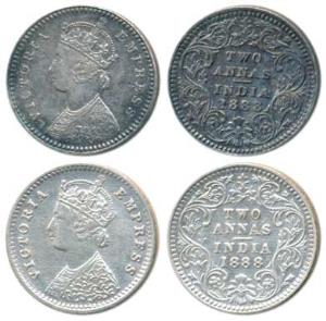 Victoria Empress, Silver 2 Annas, 1888 (2), Calcutta Mint, B / II / No mint mark; Bombay M