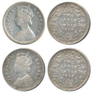 Victoria Empress, Silver 2 Annas, 1889 (2), Calcutta Mint, B / II / C incuse; Bombay Mint,