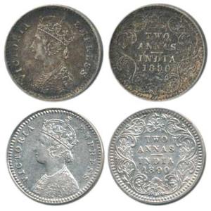 Victoria Empress, Silver 2 Annas, 1890 (2), Calcutta Mint, B / II / C incuse; Bombay Mint,