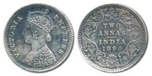Victoria Empress, Silver 2 Annas, 1890, Bombay Mint, B / II / No mint mark, (Prid 543). Ab