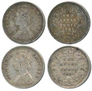 Victoria Empress, Silver 2 Annas, 1891 (2), Calcutta Mint, B / II / C incuse; Bombay Mint,
