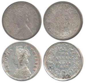 Victoria Empress, Silver 2 Annas, 1892 (2), Calcutta Mint, B / II / C incuse; Bombay Mint,