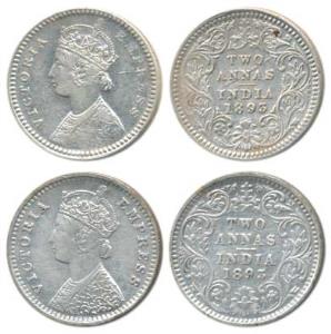 Victoria Empress, Silver 2 Annas, 1893 (2), Calcutta Mint, B / II / C incuse; Bombay Mint,