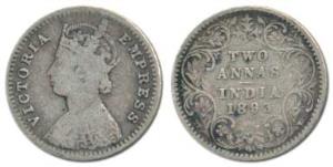Victoria Empress, Silver 2 Annas, 1893, Bombay Mint, B / II / B incuse, 3 over 2 in date, 
