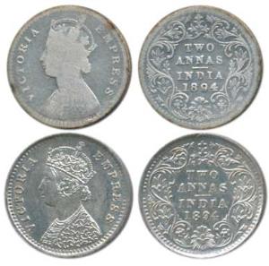 Victoria Empress, Silver 2 Annas, 1894 (2), Calcutta Mint, B / II / C incuse; Bombay Mint,