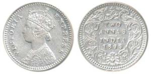 Victoria Empress, Silver 2 Annas, 1895, Calcutta Mint, B / II / C incuse, (Prid 510). Unci