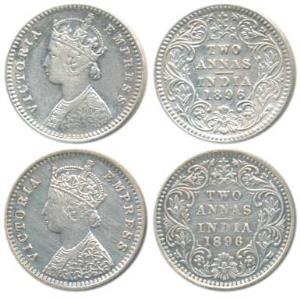 Victoria Empress, Silver 2 Annas, 1896 (2), Calcutta Mint, B / II / C incuse; Bombay Mint,