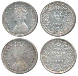 Victoria Empress, Silver 2 Annas, 1898 (2), Calcutta Mint, B / II / C incuse; Bombay Mint,