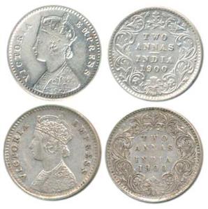 Victoria Empress, Silver 2 Annas, 1900 (2), Calcutta Mint, B / II / C incuse; Bombay Mint,