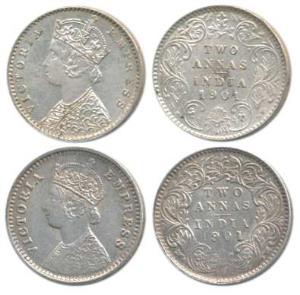 Victoria Empress, Silver 2 Annas, 1901 (2), Calcutta Mint, B / II / C incuse; Bombay Mint,