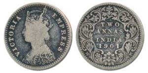 Victoria Empress, Silver 2 Annas, 1901, Bombay Mint, B / I / B raised, very few specimens 