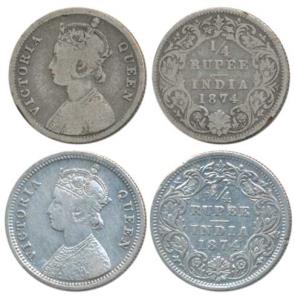 Victoria Queen, Silver ¼ Rupee, 1874 (2), Calcutta Mint, A / I / No mint mark; Bombay Mint