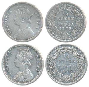 Victoria Queen, Silver ¼ Rupee, 1875 (2), Calcutta Mint, A / I / No mint mark; Bombay Mint
