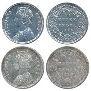 Victoria Queen, Silver ¼ Rupee, 1876 (2), Calcutta Mint, A / I / No mint mark; Bombay Mint