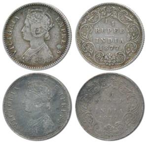 Victoria Empress, Silver ¼ Rupee, 1877 (2), Calcutta Mint, B / I / No mint mark; Bombay Mi