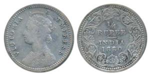 Victoria Empress, Silver ¼ Rupee, 1880, Calcutta Mint, C / II / C incuse, (Prid 385). Very