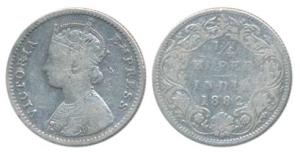 Victoria Empress, Silver ¼ Rupee, 1882, Bombay Mint, B / I / dot, Unlisted in Pridmore. Fi