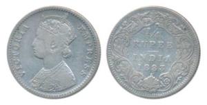 Victoria Empress, Silver ¼ Rupee, 1883, Bombay Mint, B / I / dot, (Prid 415). Very Fine.