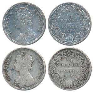 Victoria Empress, Silver ¼ Rupee, 1884 (2), Calcutta Mint, C / II / C incuse; Bombay Mint,