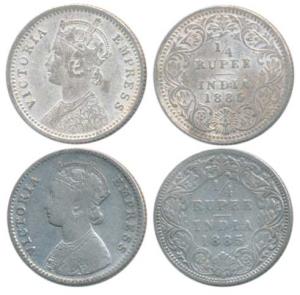 Victoria Empress, Silver ¼ Rupee, 1885 (2), Calcutta Mint, C / II / C incuse; Bombay Mint,