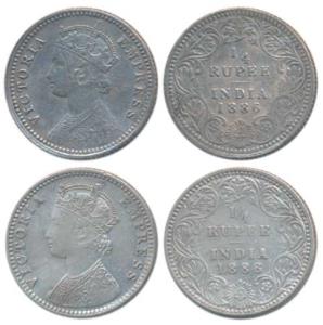 Victoria Empress, Silver ¼ Rupee, 1886 (2), Calcutta Mint, C / II / C incuse; Bombay Mint,